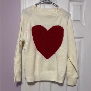 SHEIN Cream Red Heart Crew Neck Sweater